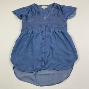 Knox Rose‎ Ruffle Jean Button Up Shirt Womens Small Denim V-Neck Western Cowgirl